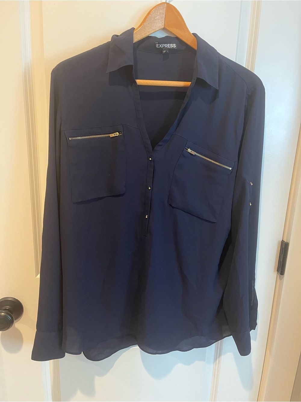 Express Navy Long Sleeve Button-Front Shirt with Zip Pockets